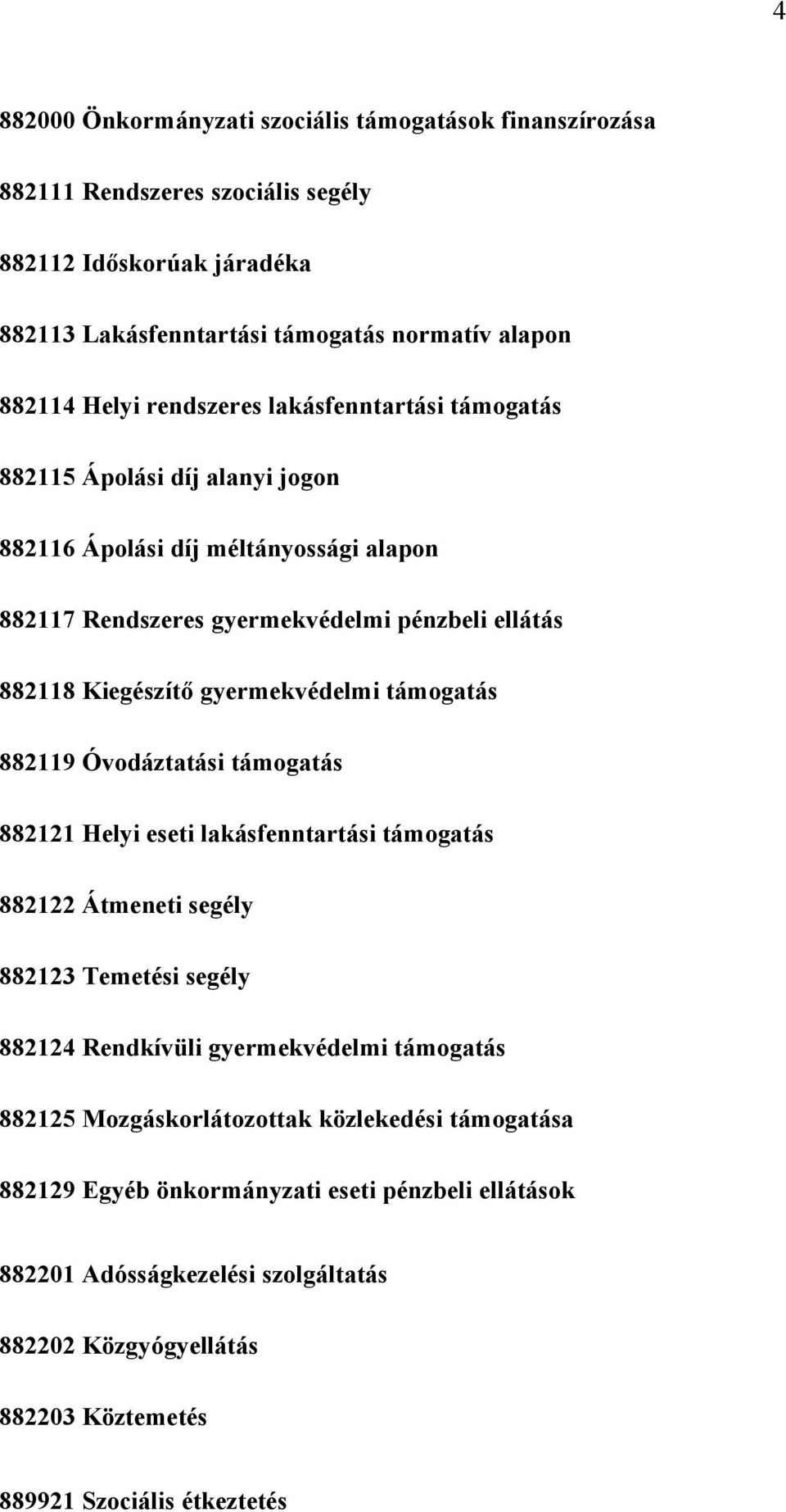 gyermekvédelmi támogatás 882119 Óvodáztatási támogatás 882121 Helyi eseti lakásfenntartási támogatás 882122 Átmeneti segély 882123 Temetési segély 882124 Rendkívüli gyermekvédelmi támogatás