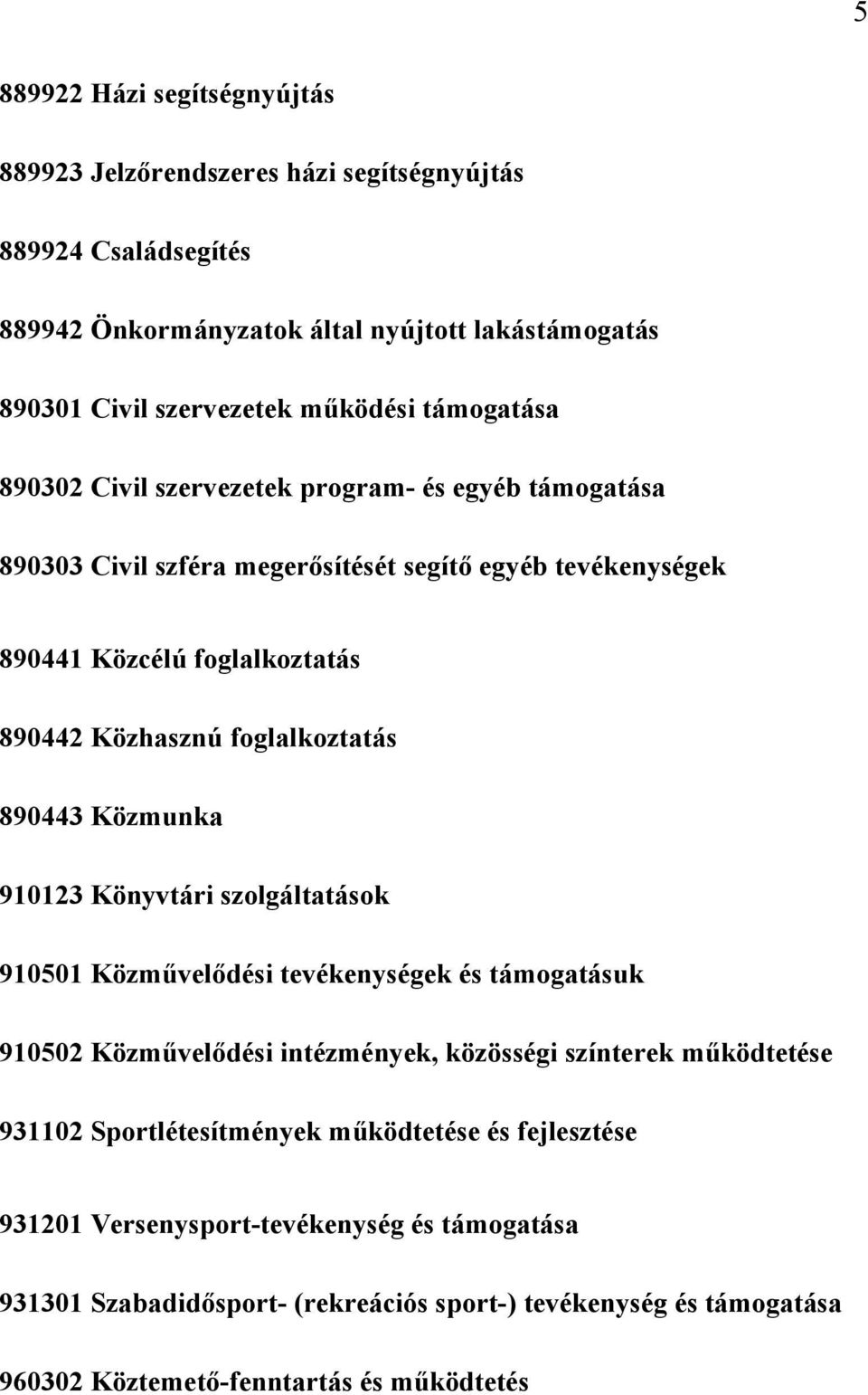 foglalkoztatás 890443 Közmunka 910123 Könyvtári szolgáltatások 910501 Közművelődési és támogatásuk 910502 Közművelődési intézmények, közösségi színterek működtetése 931102