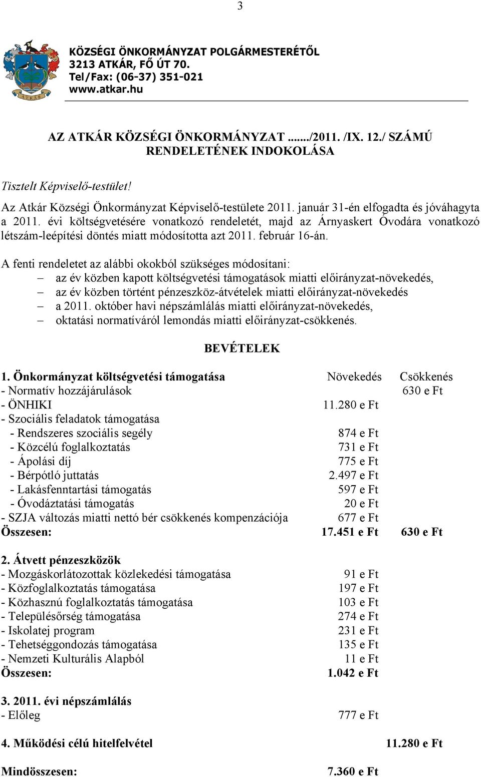 évi költségvetésére vonatkozó rendeletét, majd az Árnyaskert Óvodára vonatkozó létszám-leépítési döntés miatt módosította azt 2011. február 16-án.