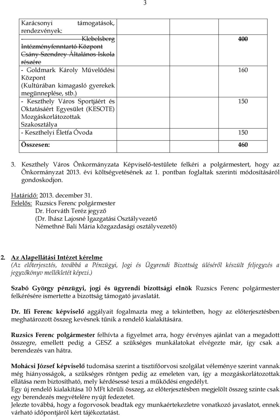 Keszthely Város Önkormányzata Képviselő-testülete felkéri a polgármestert, hogy az Önkormányzat 2013. évi költségvetésének az 1. pontban foglaltak szerinti módosításáról gondoskodjon. Határidő: 2013.