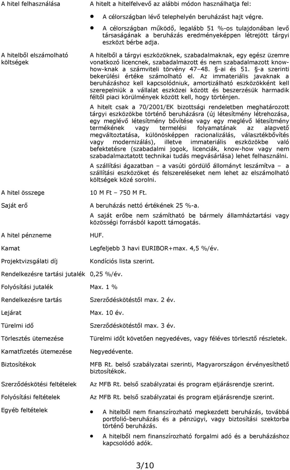 A hitelből elszámolható költségek A hitel összege A hitelből a tárgyi eszközöknek, szabadalmaknak, egy egész üzemre vonatkozó licencnek, szabadalmazott és nem szabadalmazott knowhow-knak a számviteli