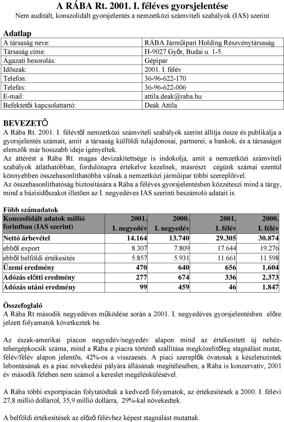 Gyõr, Budai u. 1-5. Ágazati besorolás: Gépipar Idõszak: 2001. I. félév Telefon: 36-96-622-170 Telefax: 36-96-622-006 E-mail: attila.deak@raba.