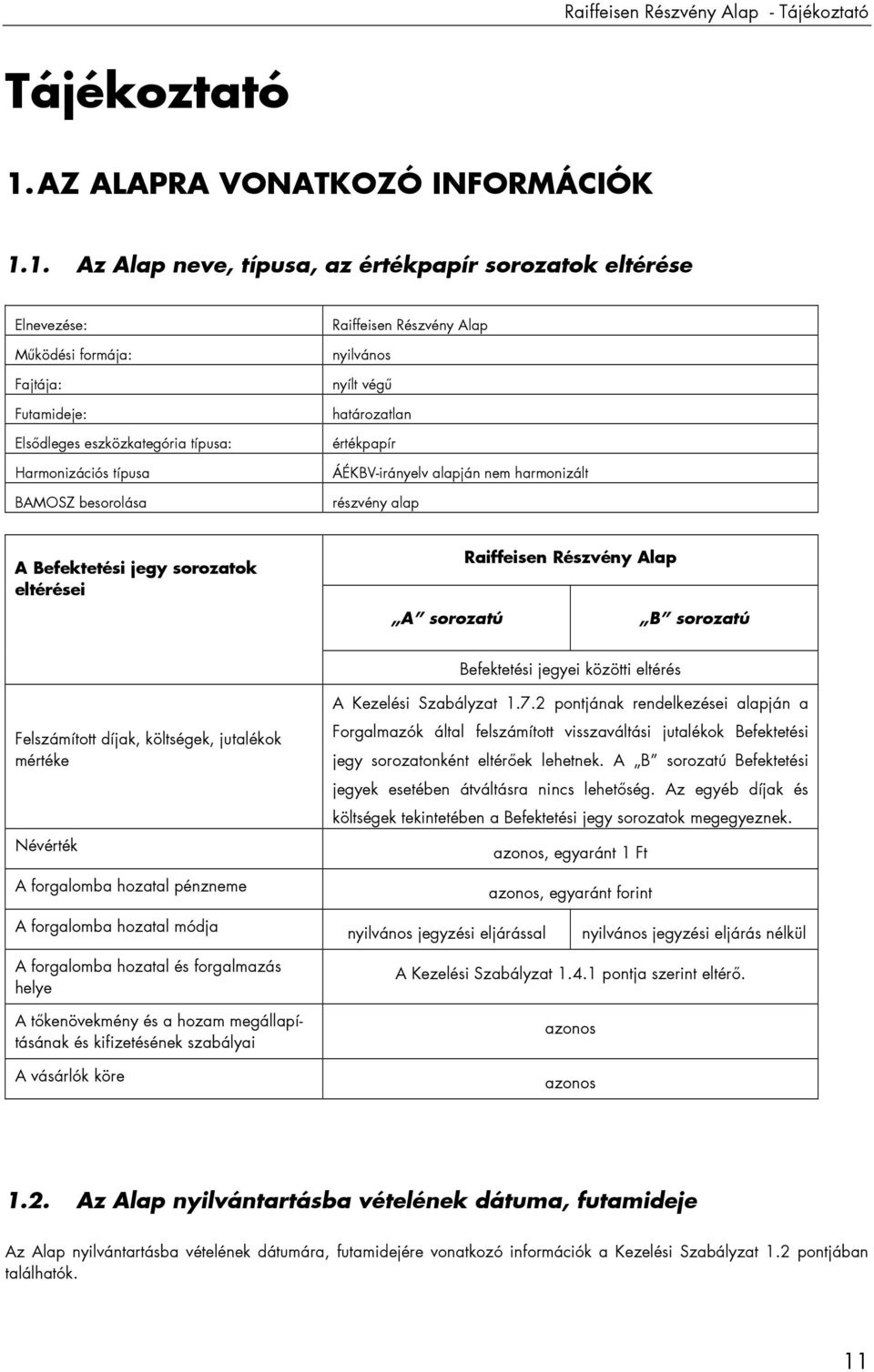 1. Az Alap neve, típusa, az értékpapír sorozatok eltérése Elnevezése: Mőködési formája: Fajtája: Futamideje: Elsıdleges eszközkategória típusa: Harmonizációs típusa BAMOSZ besorolása Raiffeisen