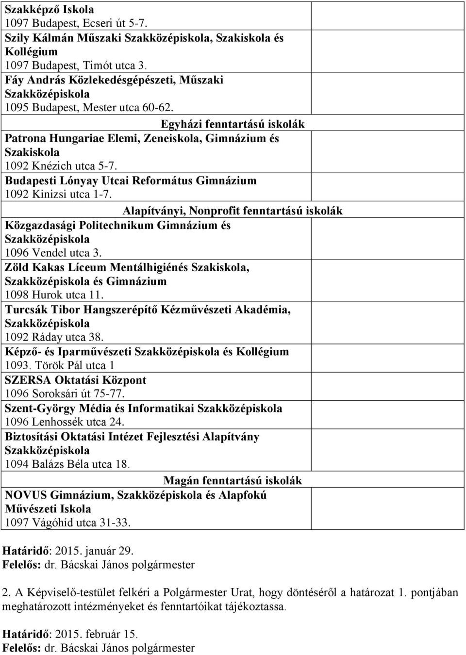 Alapítványi, Nonprofit fenntartású iskolák Közgazdasági Politechnikum és 1096 Vendel utca 3. Zöld Kakas Líceum Mentálhigiénés Szakiskola, és 1098 Hurok utca 11.