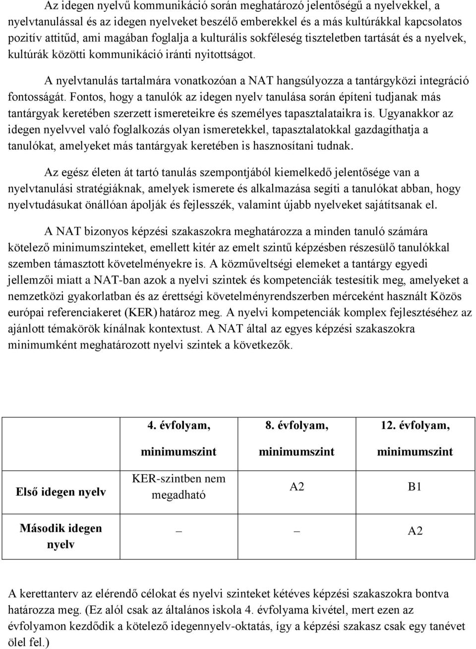 A nyelvtanulás tartalmára vonatkozóan a NAT hangsúlyozza a tantárgyközi integráció fontosságát.
