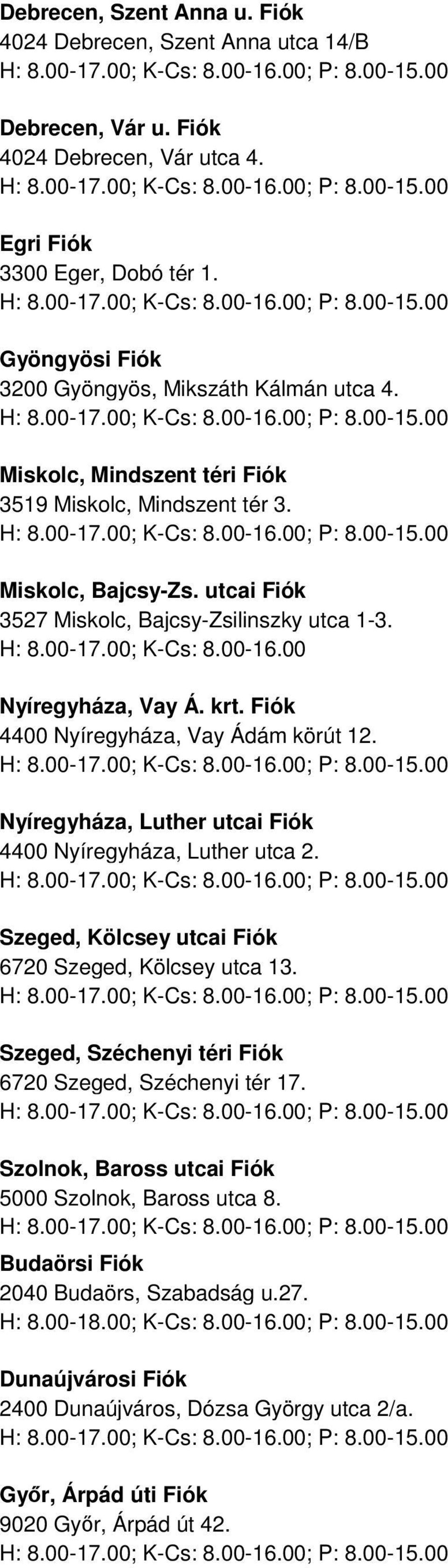 Fiók 4400 Nyíregyháza, Vay Ádám körút 12. Nyíregyháza, Luther utcai Fiók 4400 Nyíregyháza, Luther utca 2. Szeged, Kölcsey utcai Fiók 6720 Szeged, Kölcsey utca 13.