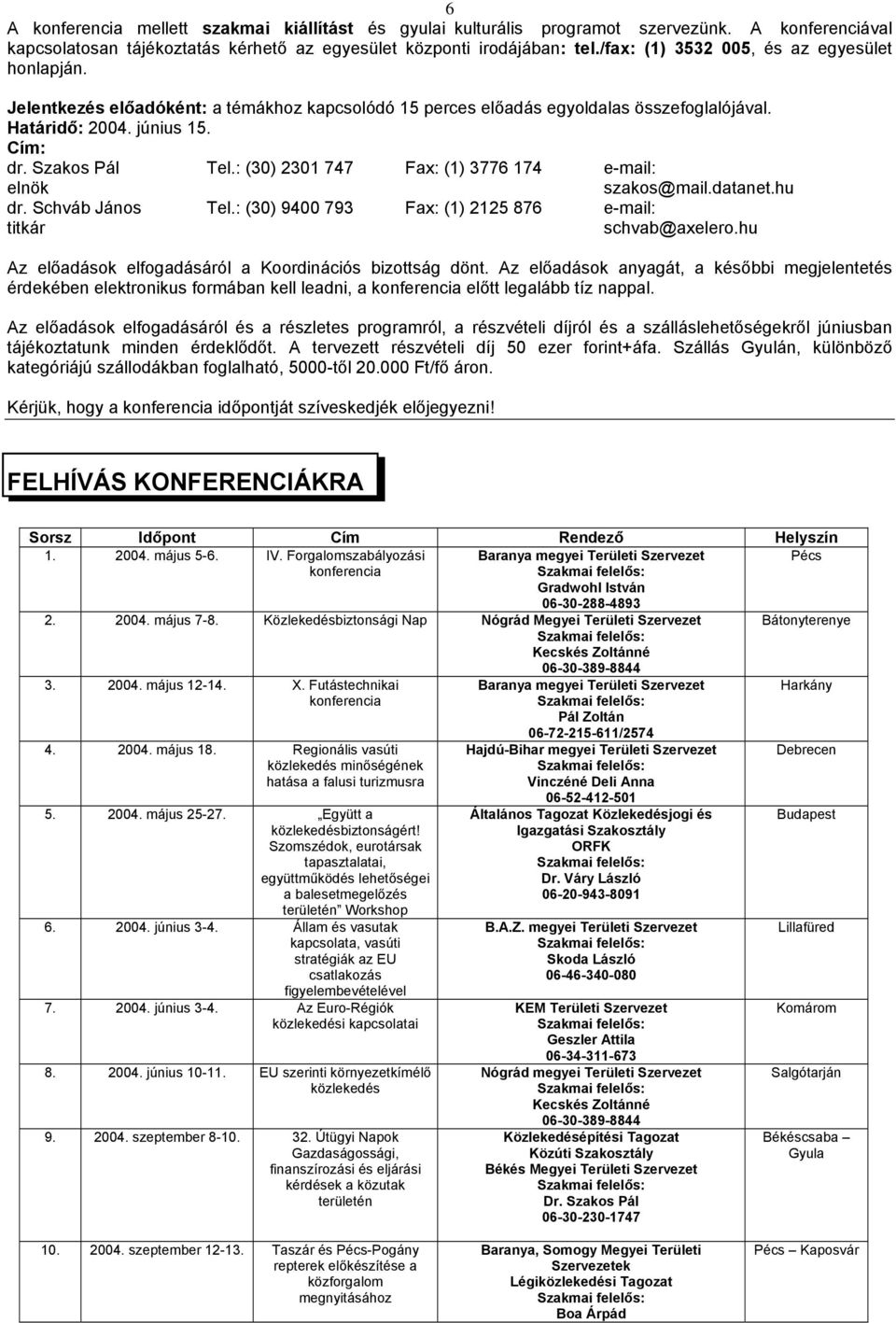 : (30) 2301 747 Fax: (1) 3776 174 e-mail: elnök dr. Schváb János titkár szakos@mail.datanet.hu Tel.: (30) 9400 793 Fax: (1) 2125 876 e-mail: schvab@axelero.