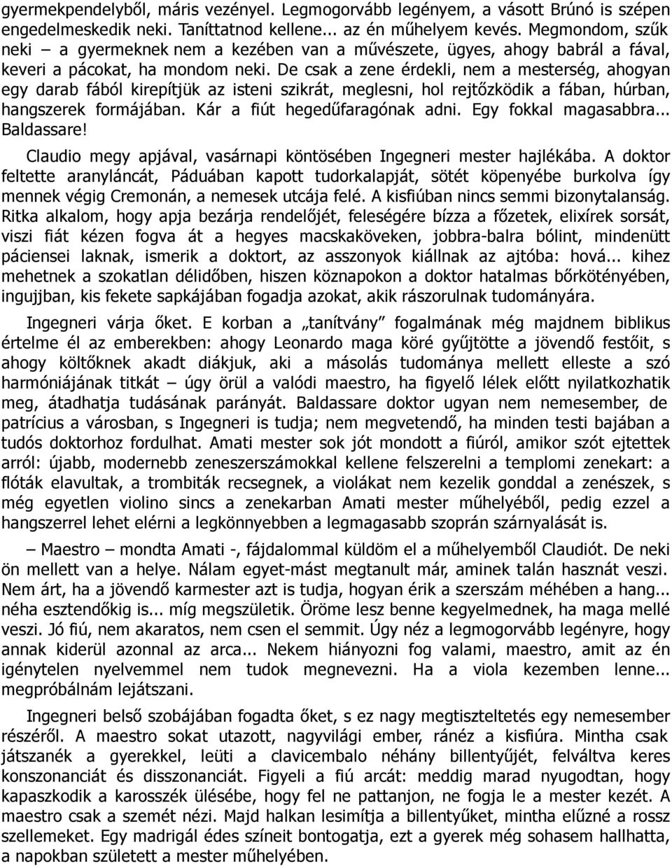 De csak a zene érdekli, nem a mesterség, ahogyan egy darab fából kirepítjük az isteni szikrát, meglesni, hol rejtőzködik a fában, húrban, hangszerek formájában. Kár a fiút hegedűfaragónak adni.