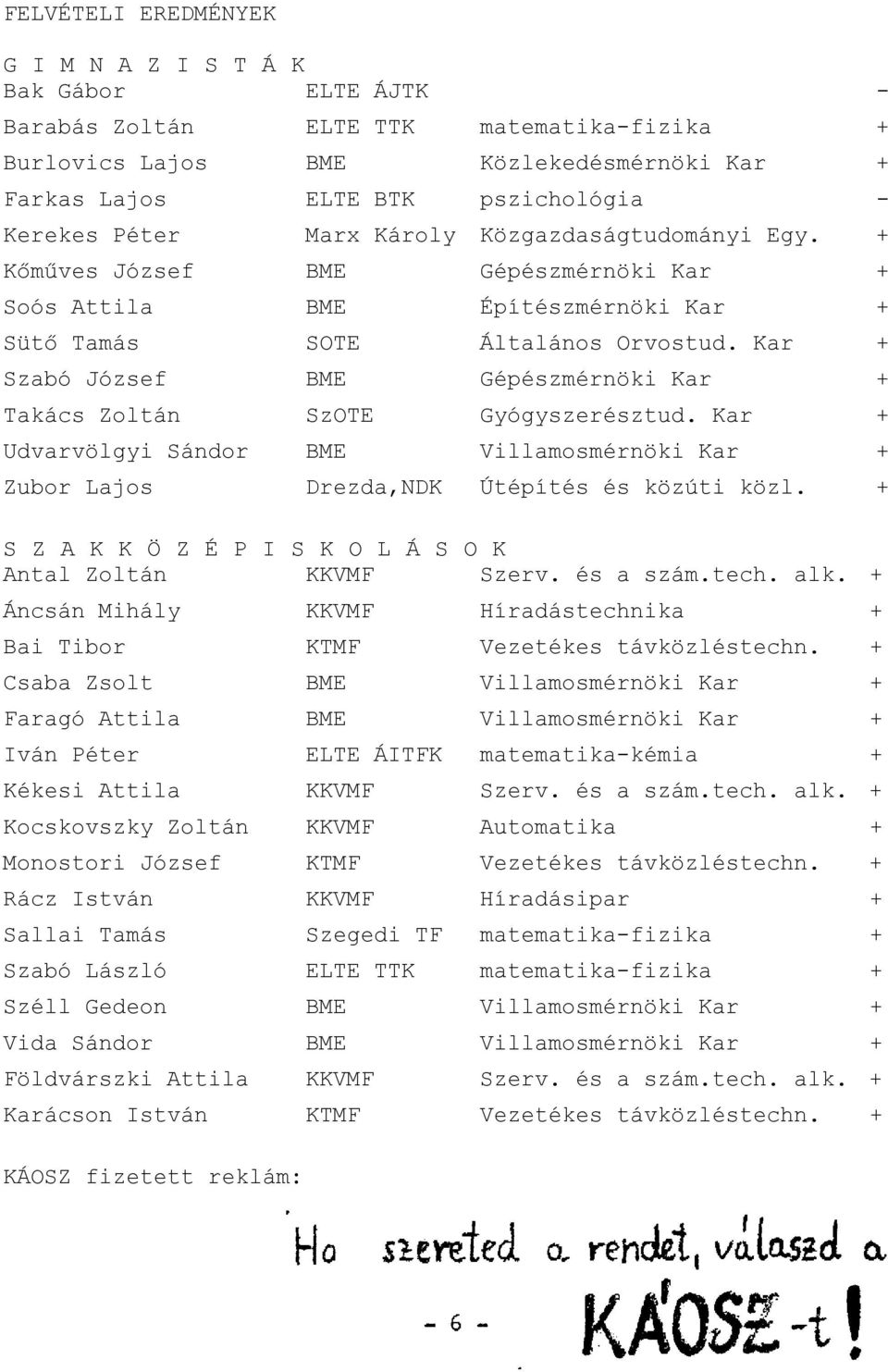 Kar + Szabó József BME Gépészmérnöki Kar + Takács Zoltán SzOTE Gyógyszerésztud. Kar + Udvarvölgyi Sándor BME Villamosmérnöki Kar + Zubor Lajos Drezda,NDK Útépítés és közúti közl.