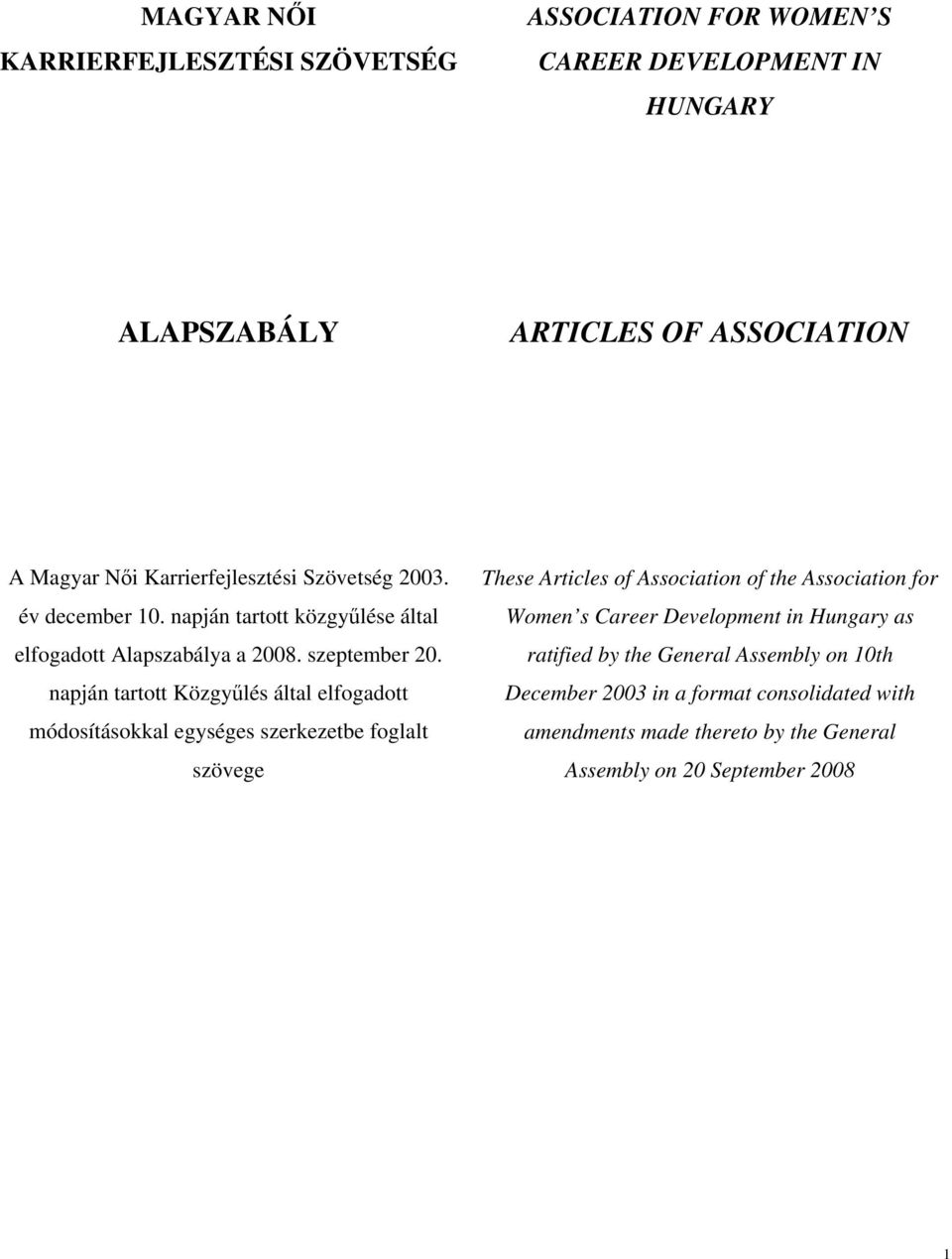napján tartott Közgyűlés által elfogadott módosításokkal egységes szerkezetbe foglalt szövege These Articles of Association of the Association for Women