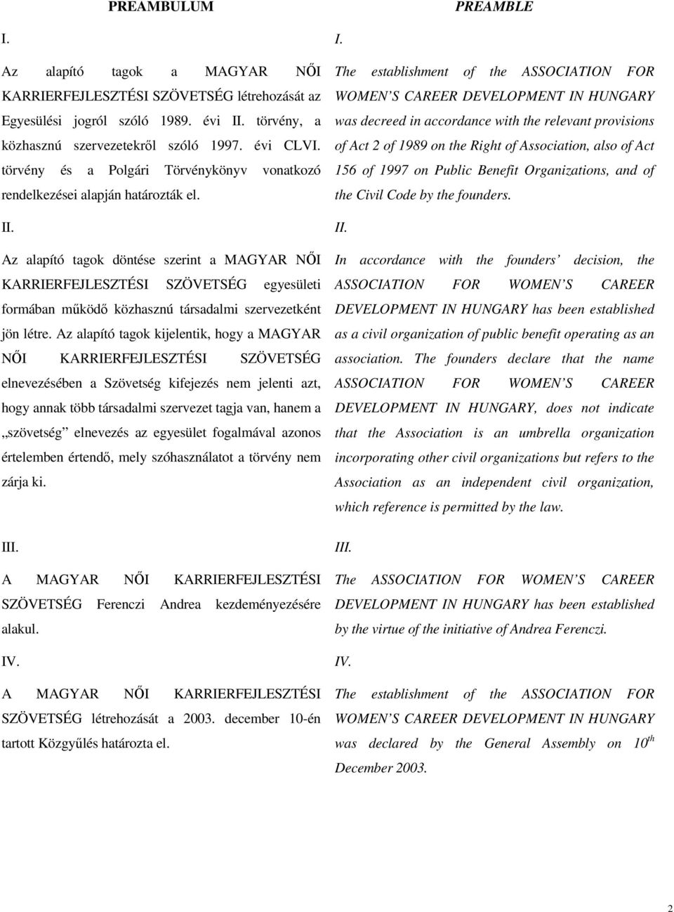 Az alapító tagok döntése szerint a MAGYAR NŐI KARRIERFEJLESZTÉSI SZÖVETSÉG egyesületi formában működő közhasznú társadalmi szervezetként jön létre.