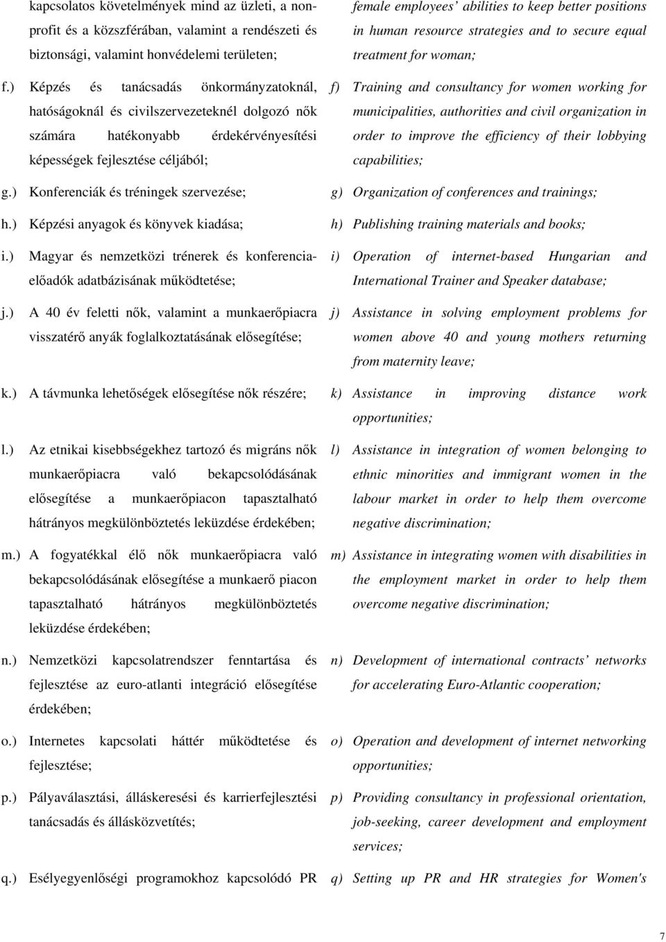 ) Konferenciák és tréningek szervezése; h.) Képzési anyagok és könyvek kiadása; i.) Magyar és nemzetközi trénerek és konferenciaelőadók adatbázisának működtetése; j.
