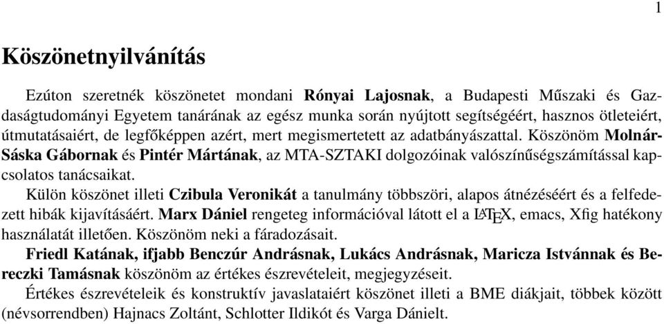 Köszönöm Molnár- Sáska Gábornak és Pintér Mártának, az MTA-SZTAKI dolgozóinak valószínűségszámítással kapcsolatos tanácsaikat.