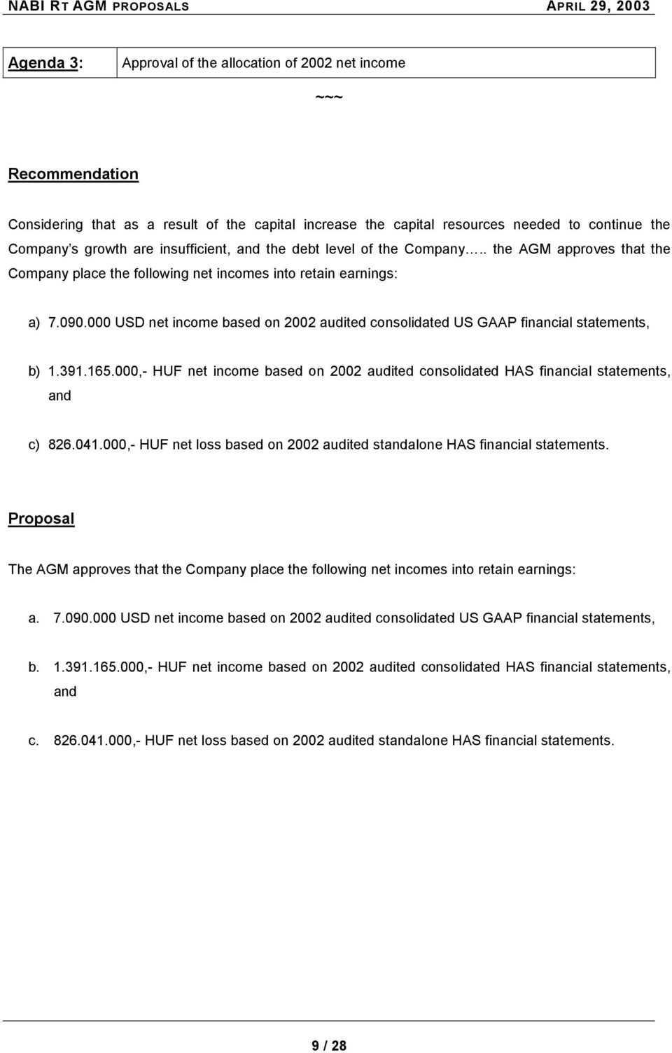 000 USD net income based on 2002 audited consolidated US GAAP financial statements, b) 1.391.165.000,- HUF net income based on 2002 audited consolidated HAS financial statements, and c) 826.041.