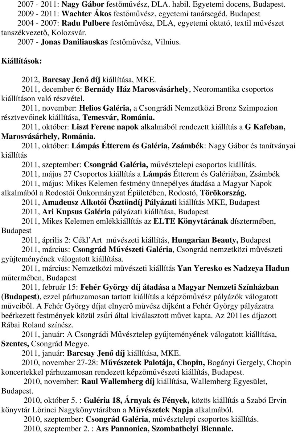 2007 - Jonas Daniliauskas festőművész, Vilnius. Kiállítások: 2012, Barcsay Jenő díj kiállítása, MKE. 2011, december 6: Bernády Ház Marosvásárhely, Neoromantika csoportos kiállításon való részvétel.
