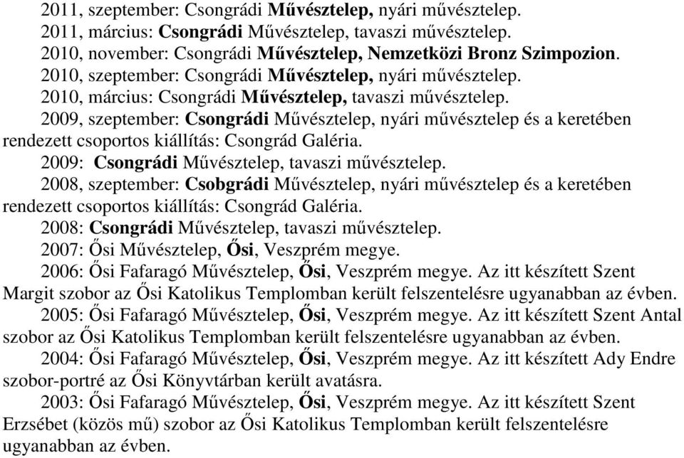 2009, szeptember: Csongrádi Művésztelep, nyári művésztelep és a keretében rendezett csoportos kiállítás: Csongrád Galéria. 2009: Csongrádi Művésztelep, tavaszi művésztelep.