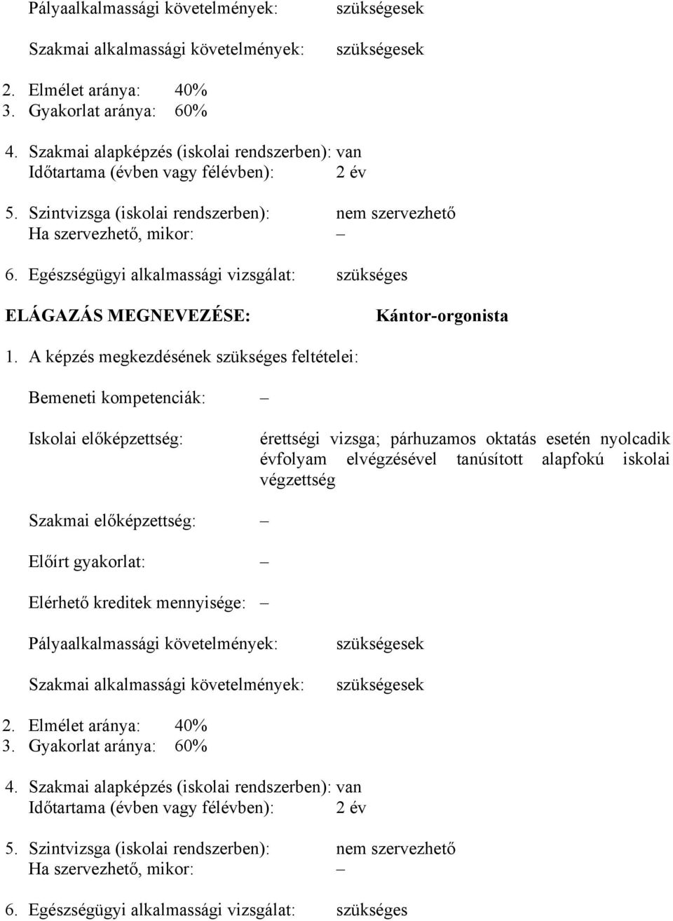 Egészségügyi alkalmassági vizsgálat: szükséges ELÁGAZÁS MEGNEVEZÉSE: Kántor-orgonista 1.