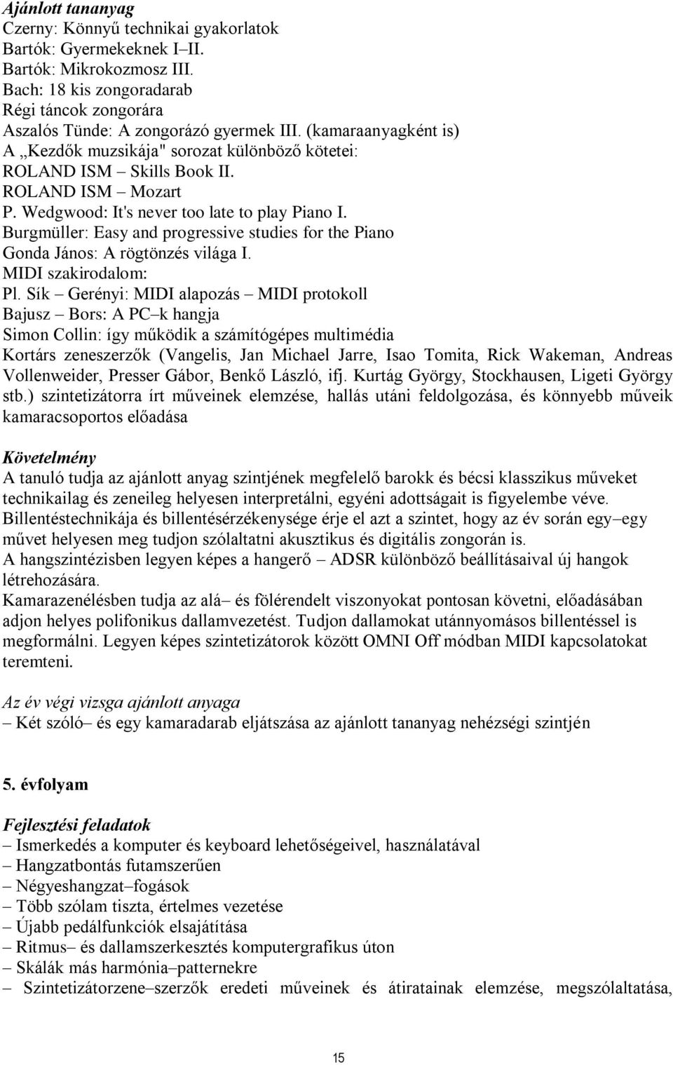 Burgmüller: Easy and progressive studies for the Piano Gonda János: A rögtönzés világa I. MIDI szakirodalom: Pl.