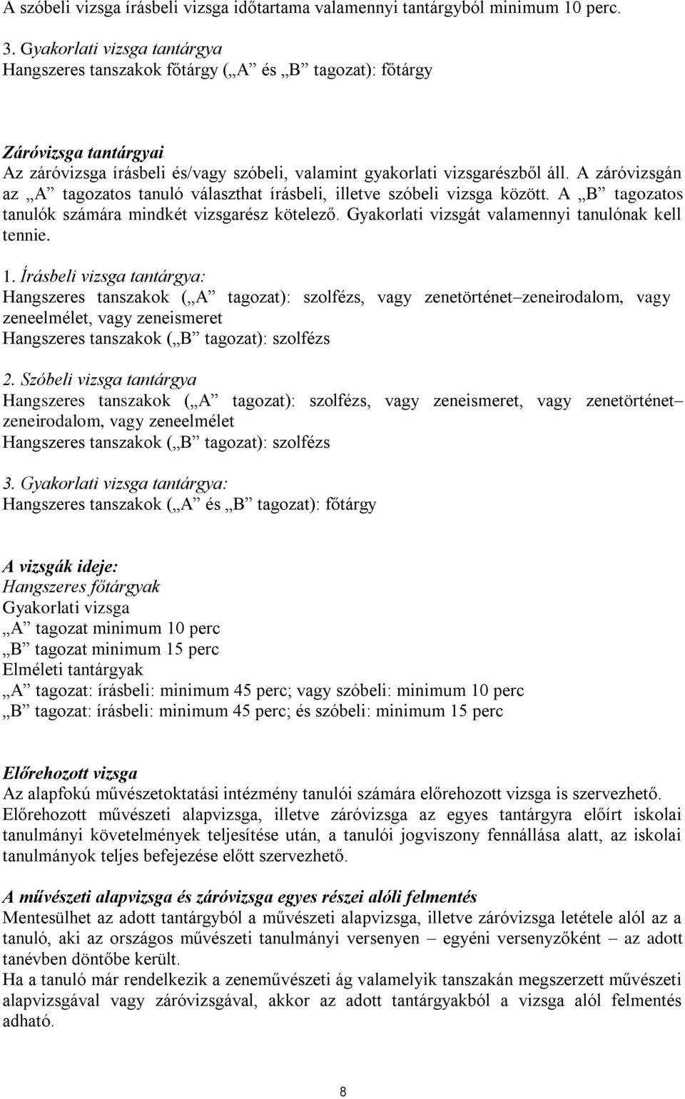 A záróvizsgán az A tagozatos tanuló választhat írásbeli, illetve szóbeli vizsga között. A B tagozatos tanulók számára mindkét vizsgarész kötelező. Gyakorlati vizsgát valamennyi tanulónak kell tennie.