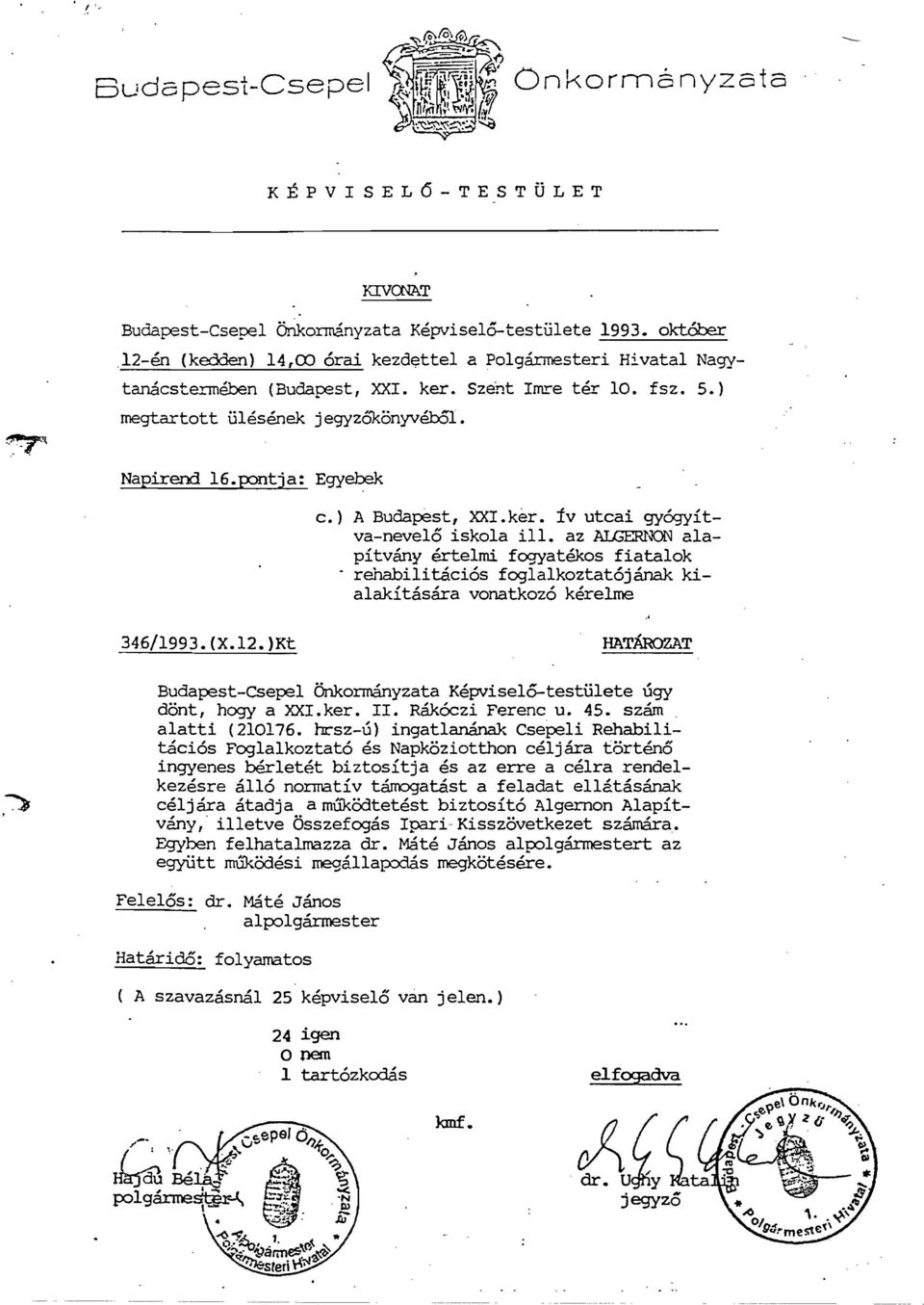 pontja: Egyebek c.) A Budapest, XXI.ker. tv utcai gy6gyitva-nevelo iskola ill. az ~~ alapitvany ertelmi fogyatekos fiatalok rehabilitacios foglalkoztatojanak kialakitasara vonatkozo kerelme 346/1993.