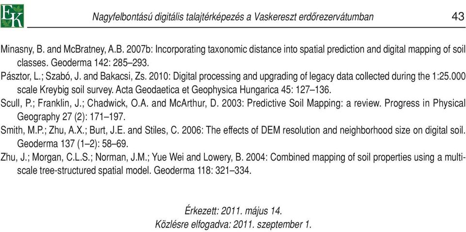 Acta Geodaetica et Geophysica Hungarica 45: 127 136. Scull, P.; Franklin, J.; Chadwick, O.A. and McArthur, D. 2003: Predictive Soil Mapping: a review. Progress in Physical Geography 27 (2): 171 197.