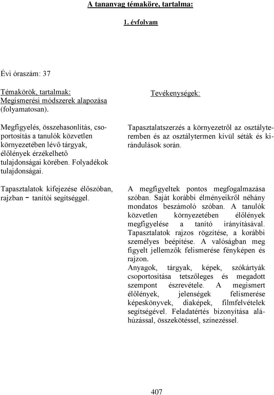 Tapasztalatok kifejezése élőszóban, rajzban - tanítói segítséggel. Tevékenységek: Tapasztalatszerzés a környezetről az osztályteremben és az osztálytermen kívül séták és kirándulások során.