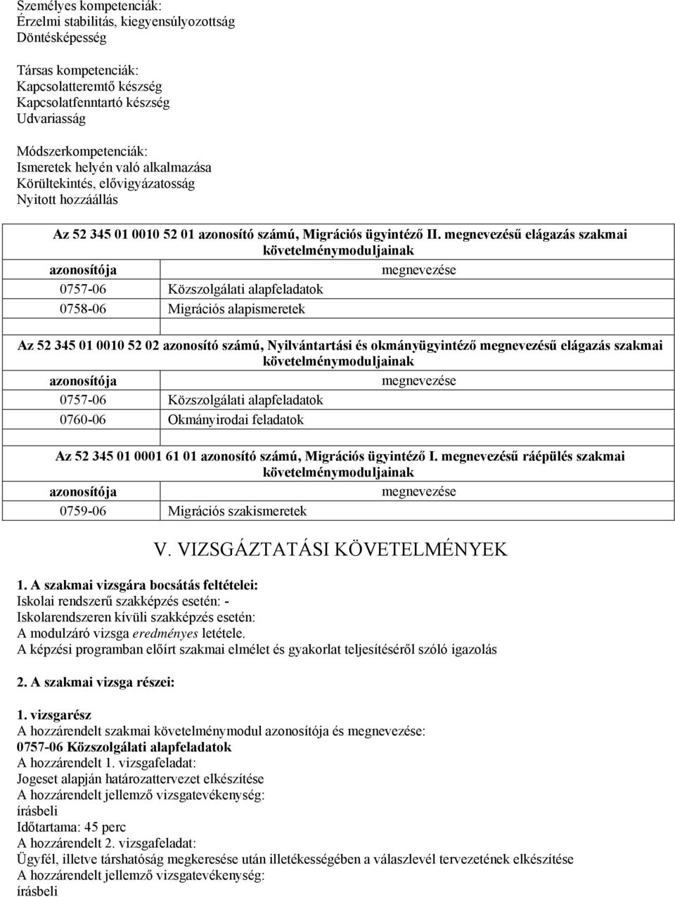 megnevezésű elágazás szakmai követelménymoduljainak azonosítója megnevezése 0757-06 Közszolgálati alapfeladatok 0758-06 Migrációs alapismeretek Az 52 345 01 0010 52 02 azonosító számú, Nyilvántartási