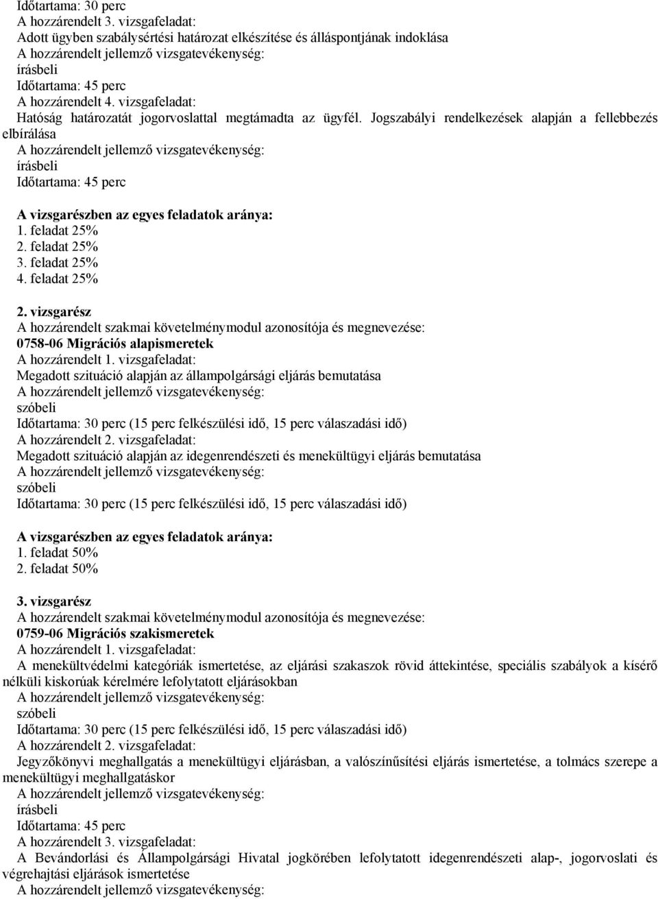 Jogszabályi rendelkezések alapján a fellebbezés elbírálása írásbeli Időtartama: 45 perc A vizsgarészben az egyes feladatok aránya: 1. feladat 25% 2.