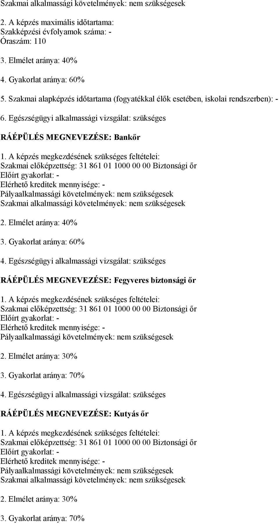 A képzés megkezdésének szükséges feltételei: Szakmai előképzettség: 31 861 01 1000 00 00 Biztonsági őr Előírt gyakorlat: - Elérhető kreditek mennyisége: - Pályaalkalmassági követelmények: nem