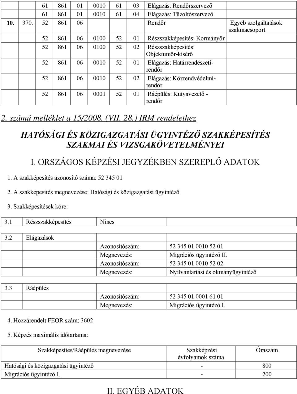 Határrendészetirendőr 52 861 06 0010 52 02 Elágazás: Közrendvédelmirendőr 52 861 06 0001 52 01 Ráépülés: Kutyavezető - rendőr 2. számú melléklet a 15/2008. (VII. 28.