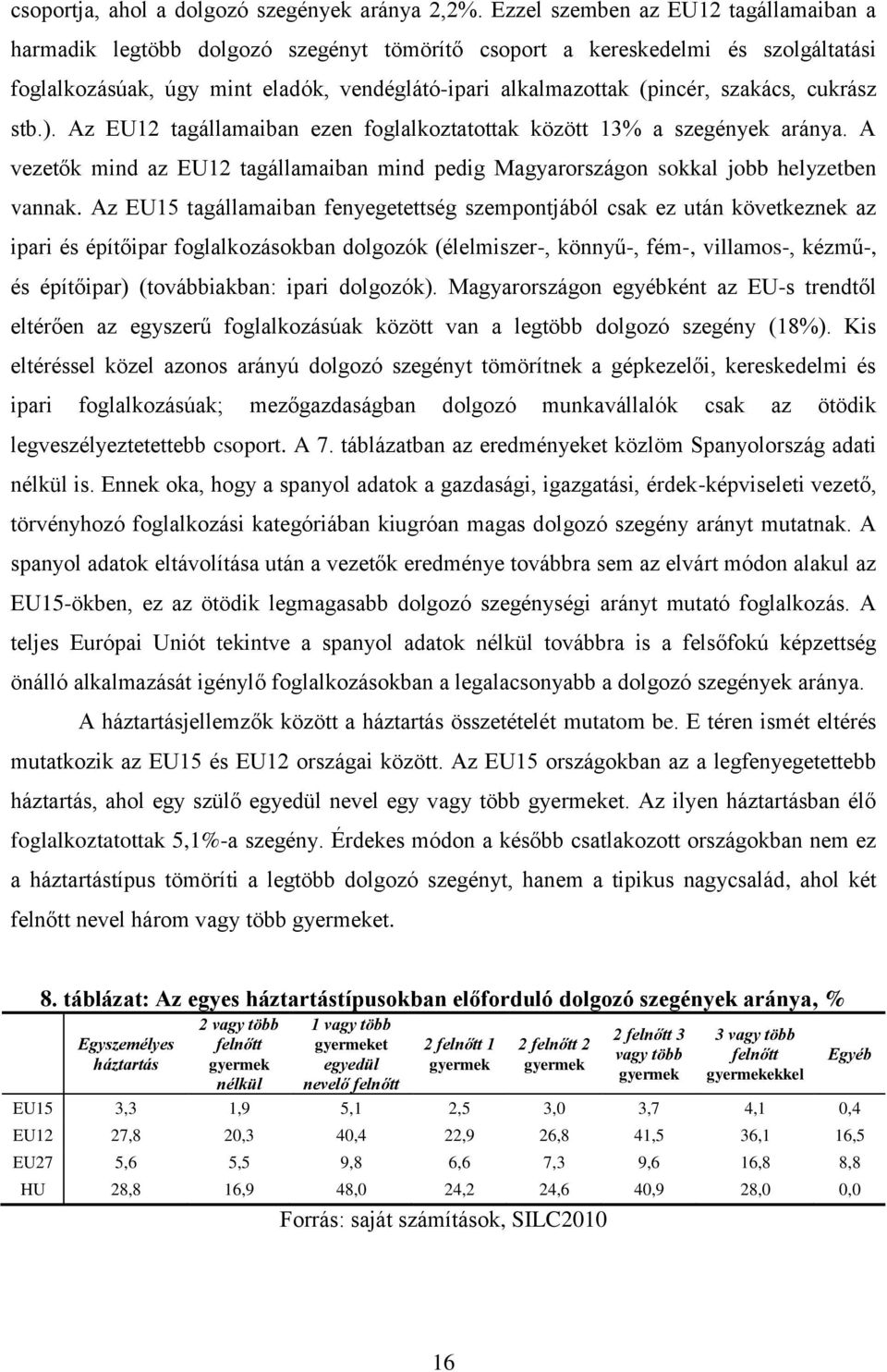 szakács, cukrász stb.). Az EU12 tagállamaiban ezen foglalkoztatottak között 13% a szegények aránya. A vezetők mind az EU12 tagállamaiban mind pedig Magyarországon sokkal jobb helyzetben vannak.