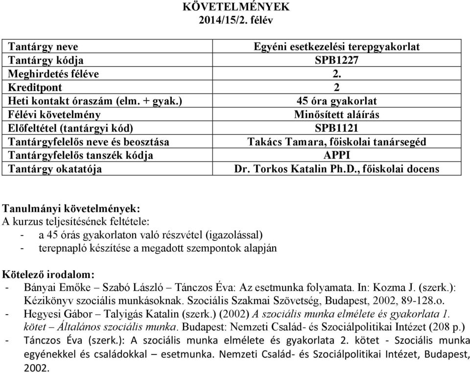 (igazolással) - terepnapló készítése a megadott szempontok alapján - Bányai Emőke Szabó László Tánczos Éva: Az esetmunka folyamata. In: Kozma J. (szerk.): Kézikönyv szociális munkásoknak.