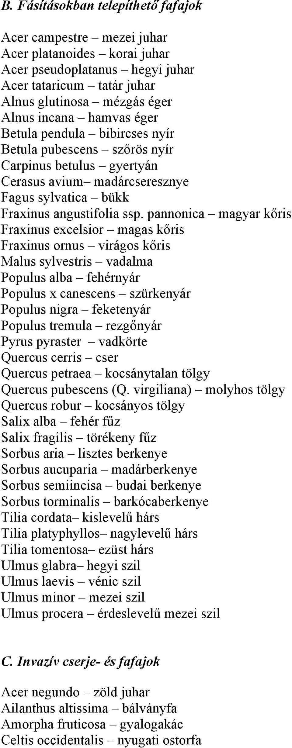 pannonica magyar kőris Fraxinus excelsior magas kőris Fraxinus ornus virágos kőris Malus sylvestris vadalma Populus alba fehérnyár Populus x canescens szürkenyár Populus nigra feketenyár Populus