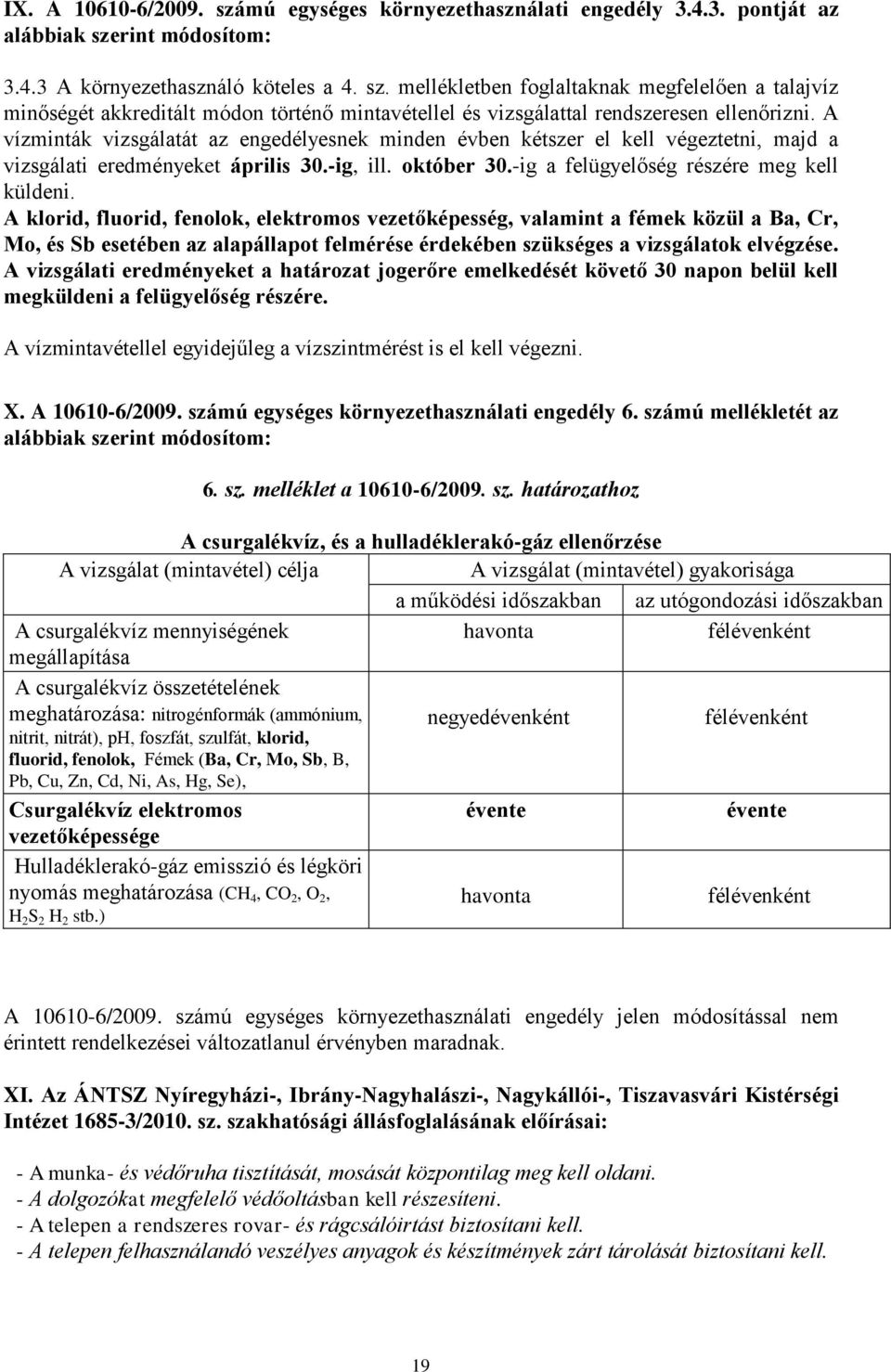 A klorid, fluorid, fenolok, elektromos vezetőképesség, valamint a fémek közül a Ba, Cr, Mo, és Sb esetében az alapállapot felmérése érdekében szükséges a vizsgálatok elvégzése.