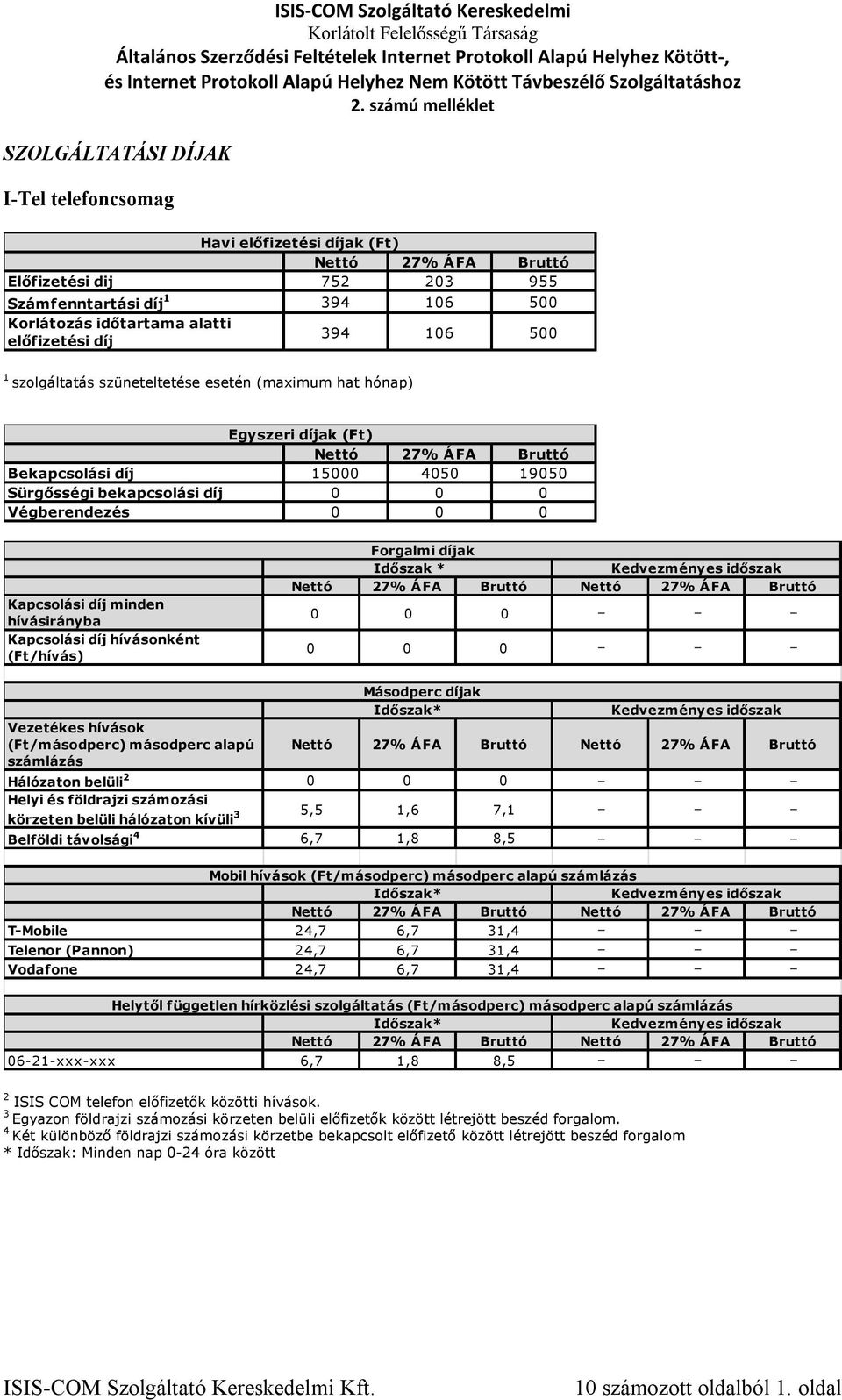 Kapcsolási díj hívásonként (Ft/hívás) Forgalmi díjak Időszak * Kedvezményes időszak 0 0 0 0 0 0 Vezetékes hívások (Ft/másodperc) másodperc alapú számlázás Másodperc díjak Időszak* Kedvezményes