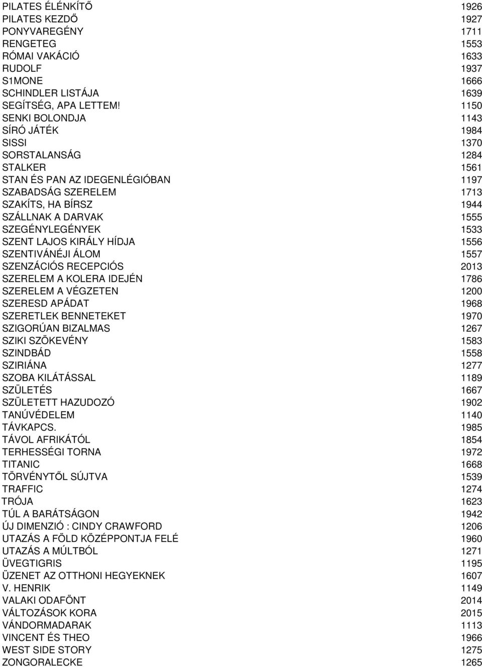 SZEGÉNYLEGÉNYEK 1533 SZENT LAJOS KIRÁLY HÍDJA 1556 SZENTIVÁNÉJI ÁLOM 1557 SZENZÁCIÓS RECEPCIÓS 2013 SZERELEM A KOLERA IDEJÉN 1786 SZERELEM A VÉGZETEN 1200 SZERESD APÁDAT 1968 SZERETLEK BENNETEKET