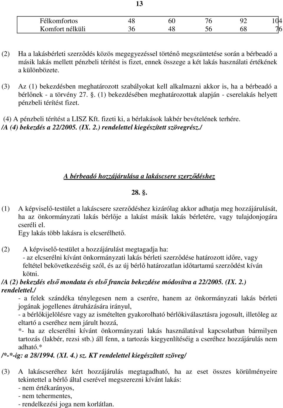 . (1) bekezdésében meghatározottak alapján - cserelakás helyett pénzbeli térítést fizet. (4) A pénzbeli térítést a LISZ Kft. fizeti ki, a bérlakások lakbér bevételének terhére.