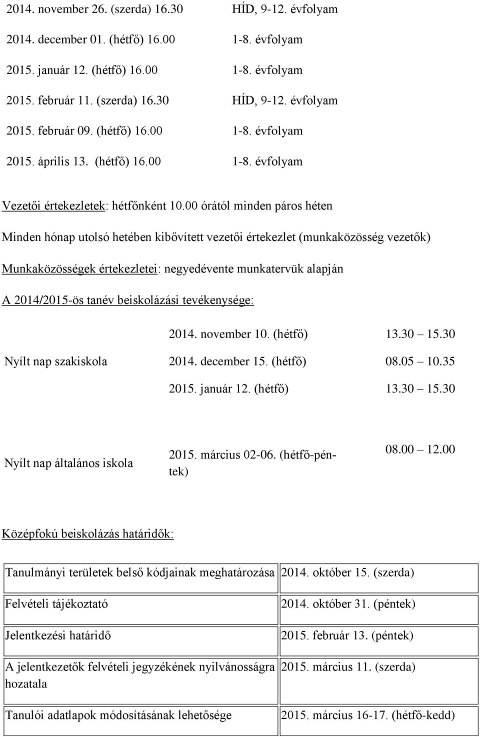 00 órától minden páros héten Minden hónap utolsó hetében kibővített vezetői értekezlet (munkaközösség vezetők) Munkaközösségek értekezletei: negyedévente munkatervük alapján A 2014/2015-ös tanév