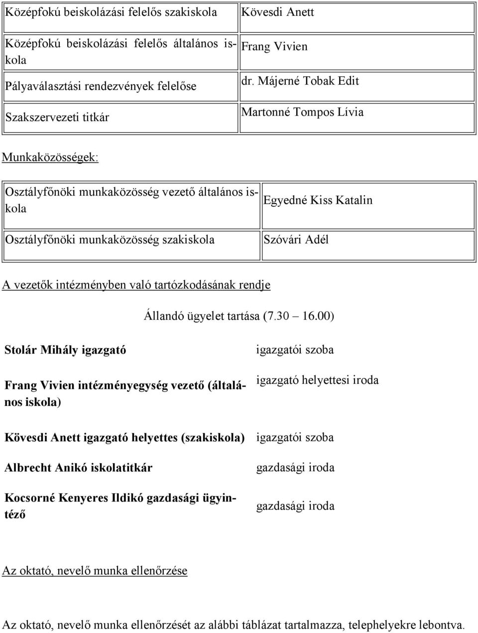 intézményben való tartózkodásának rendje Állandó ügyelet tartása (7.30 16.