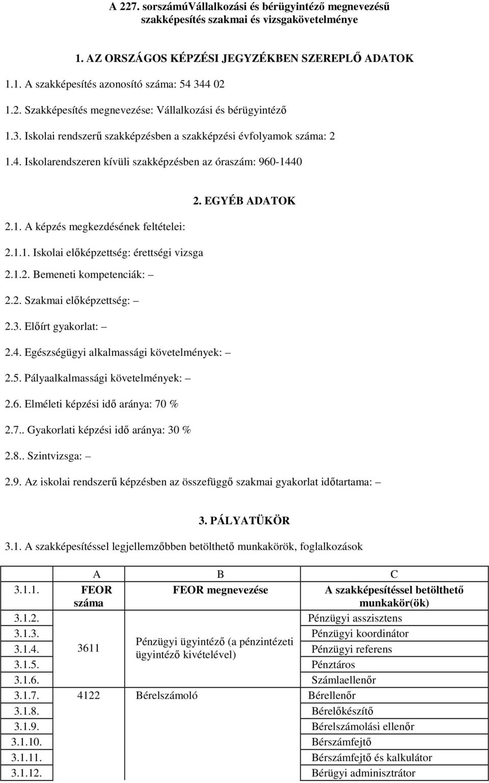 EGYÉB ADATOK 2.1. A képzés megkezdésének feltételei: 2.1.1. Iskolai előképzettség: érettségi vizsga 2.1.2. Bemeneti kompetenciák: 2.2. Szakmai előképzettség: 2.3. Előírt gyakorlat: 2.4.