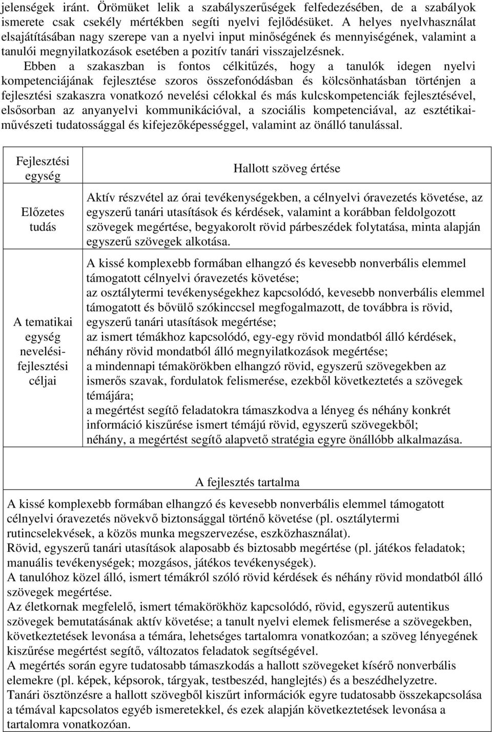 Ebben a szakaszban is fontos célkitűzés, hogy a tanulók idegen nyelvi kompetenciájának fejlesztése szoros összefonódásban és kölcsönhatásban történjen a fejlesztési szakaszra vonatkozó nevelési