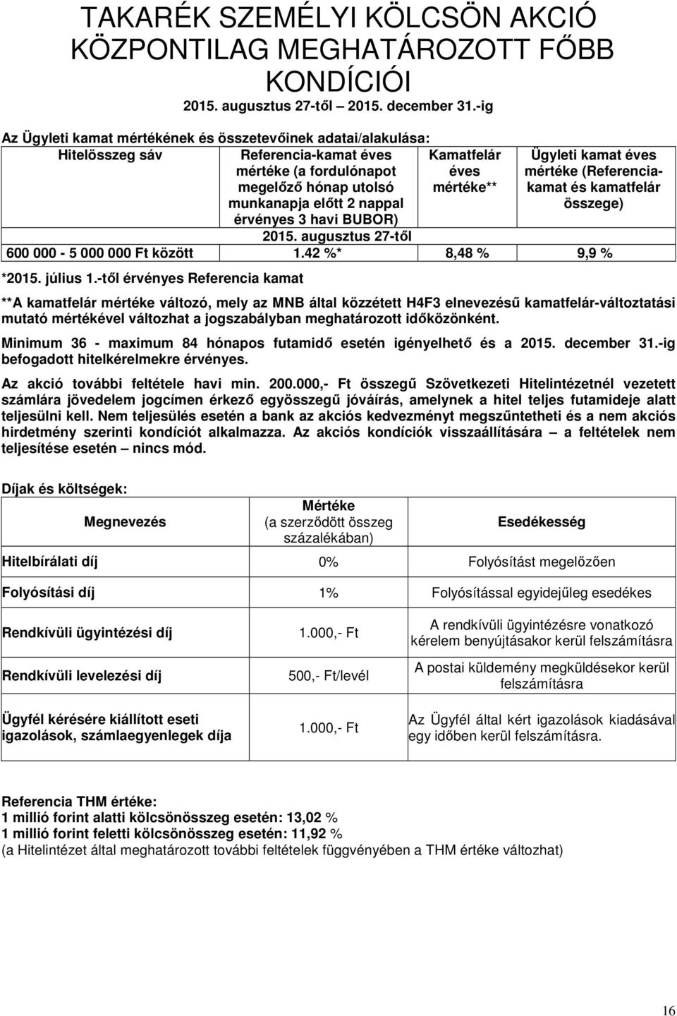 Kamatfelár éves mértéke** Ügyleti kamat éves mértéke (Referenciakamat és kamatfelár összege) 2015. augusztus 27-tıl 600 000-5 000 000 Ft között 1.42 %* 8,48 % 9,9 % *2015. július 1.