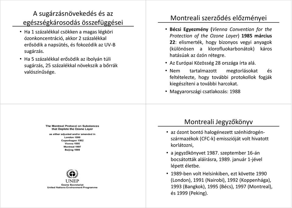 Montreali szerződés előzményei Bécsi Egyezmény (Vienna Convention for the Protection of the Ozone Layer) 1985 március 22: elismerték, hogy bizonyos vegyi anyagok (különösen a klorofluokarbonátok)