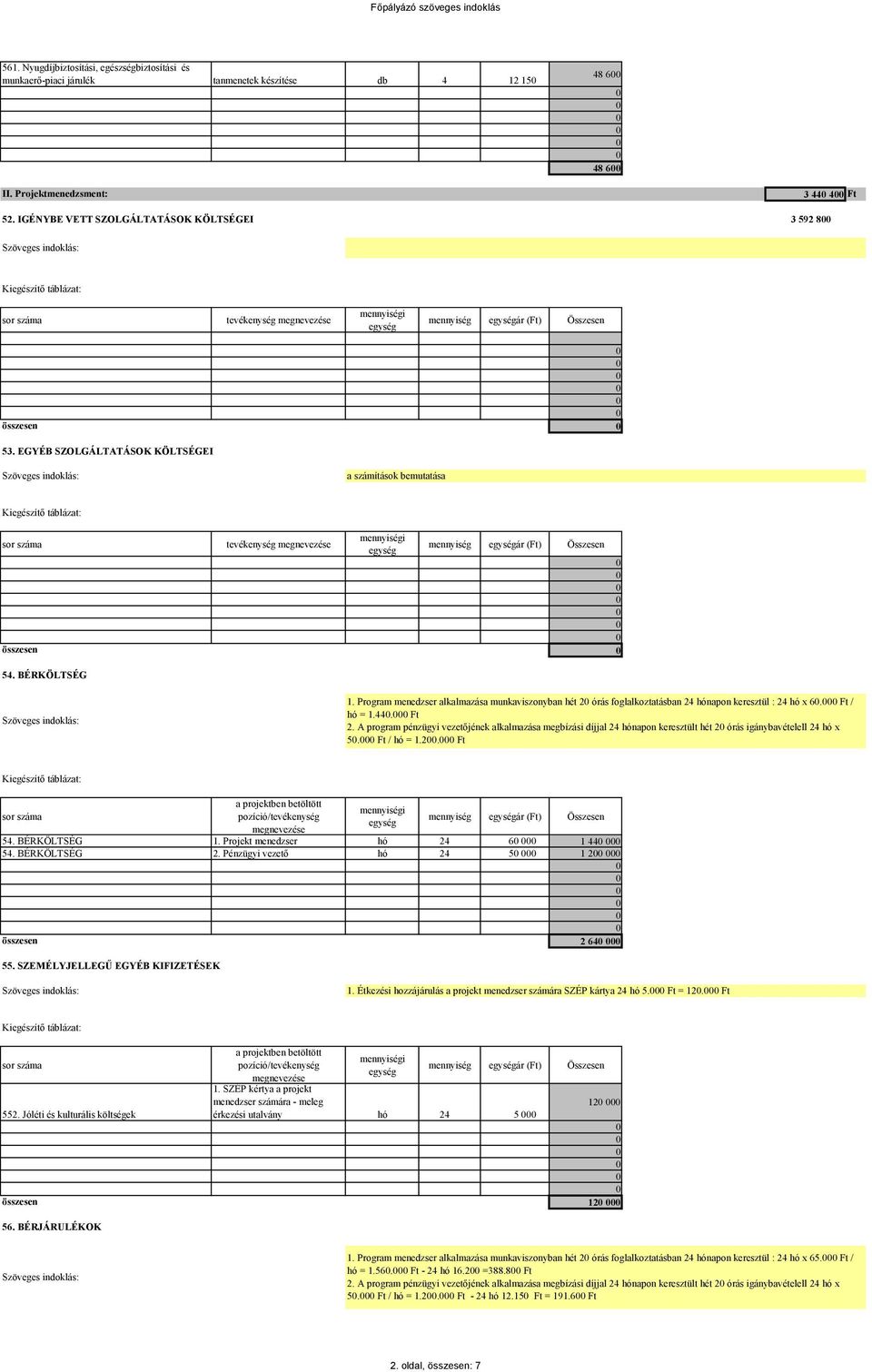 A program pénzügyi vezetőjének alkalmazása megbízási díjjal 24 hónapon keresztült hét 2 órás igánybavételell 24 hó x 5. Ft / hó = 1.2. Ft mennyiség ár (Ft) Összesen 1.