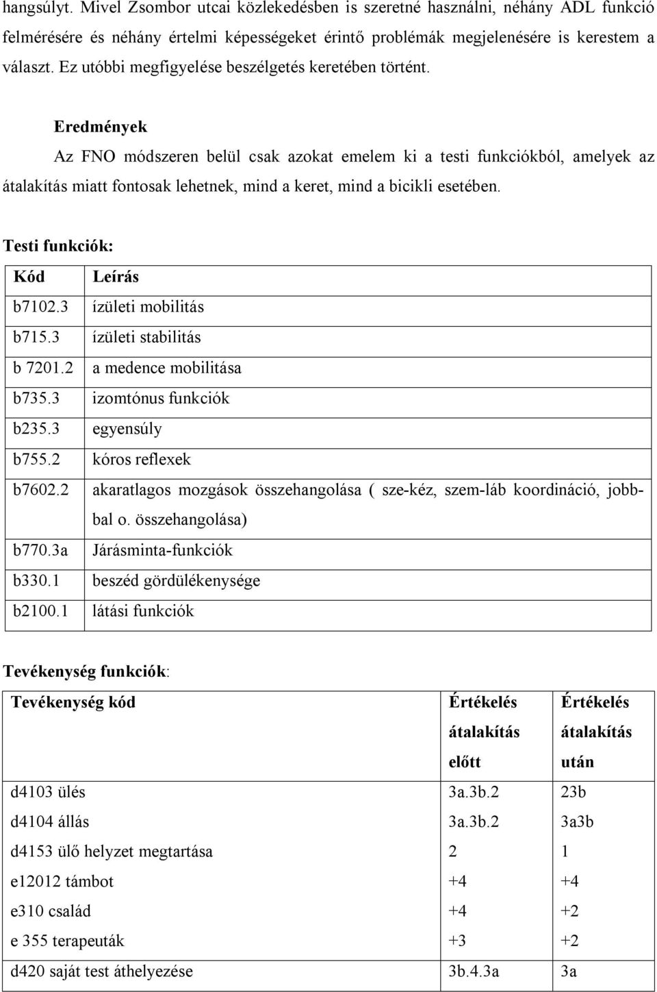 Eredmények Az FNO módszeren belül csak azokat emelem ki a testi funkciókból, amelyek az átalakítás miatt fontosak lehetnek, mind a keret, mind a bicikli esetében. Testi funkciók: Kód Leírás b702.