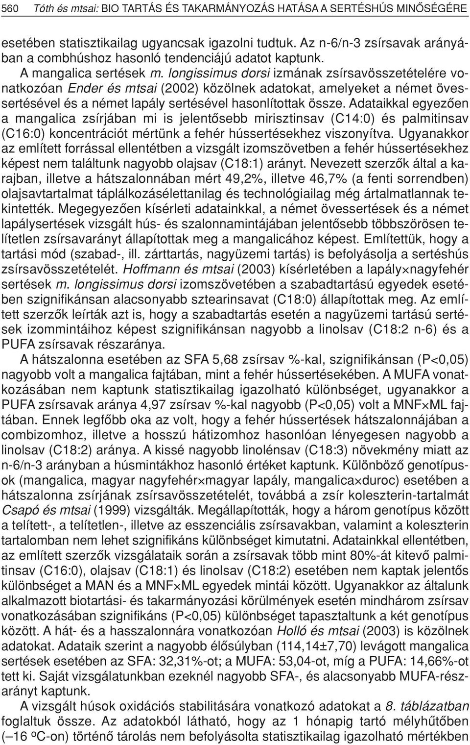 longissimus dorsi izmának zsírsavösszetételére vonatkozóan Ender és mtsai (2002) közölnek adatokat, amelyeket a német övessertésével és a német lapály sertésével hasonlítottak össze.