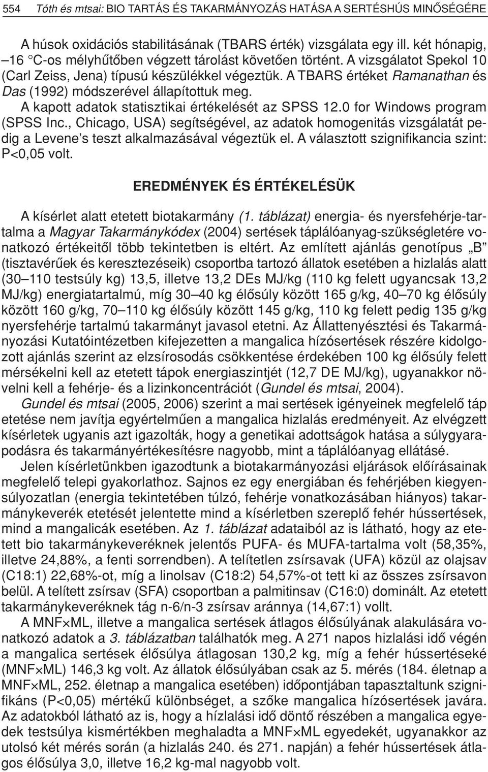 A TBARS értéket Ramanathan és Das (1992) módszerével állapítottuk meg. A kapott adatok statisztikai értékelését az SPSS 12.0 for Windows program (SPSS Inc.