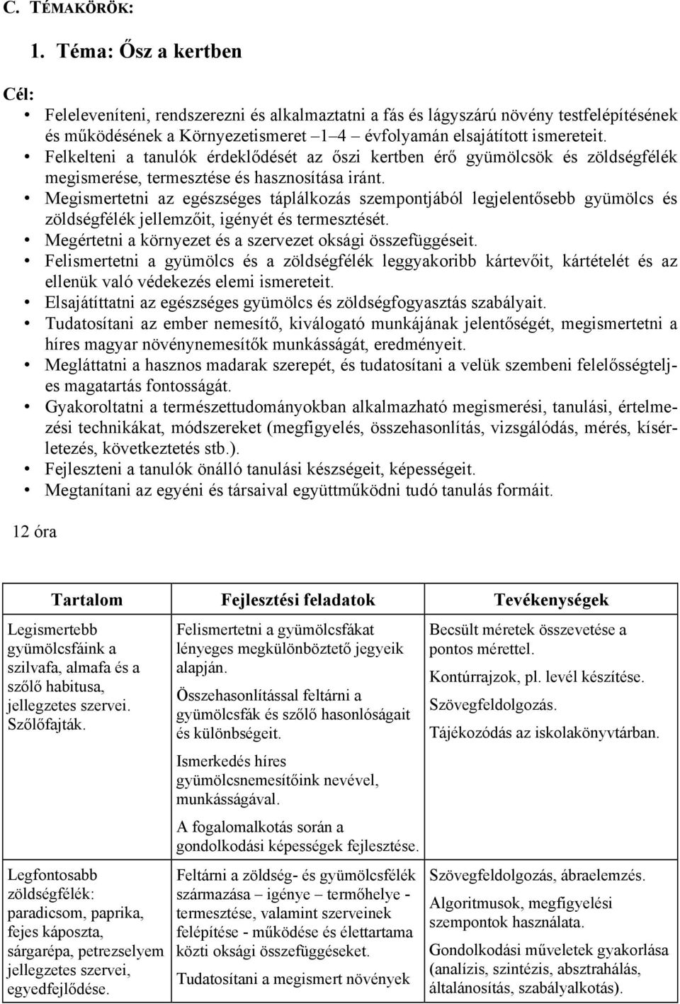 Felkelteni a tanulók érdeklődését az őszi kertben érő gyümölcsök és zöldségfélék megismerése, termesztése és hasznosítása iránt.