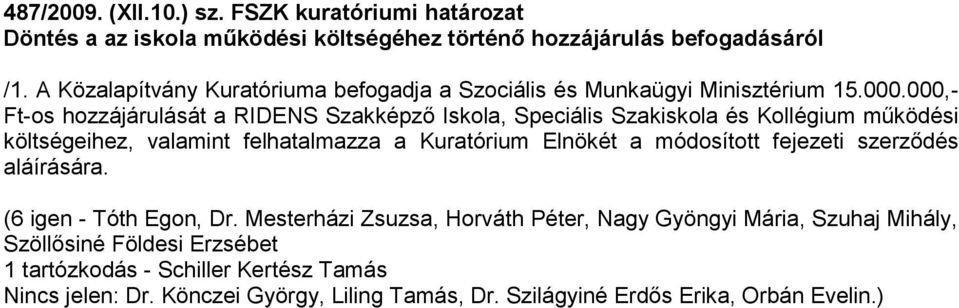 000,- Ft-os hozzájárulását a RIDENS Szakképző Iskola, Speciális Szakiskola és Kollégium működési költségeihez, valamint felhatalmazza a