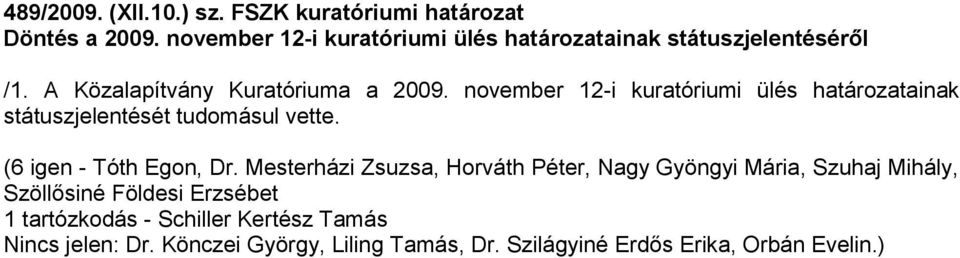 A Közalapítvány Kuratóriuma a 2009.